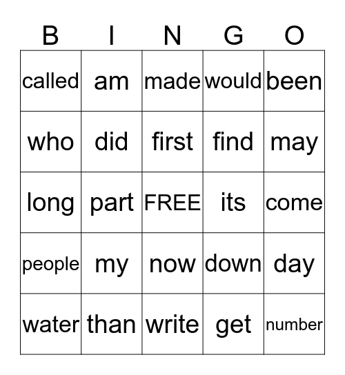 Fry Words 81 to 100 Bingo Card