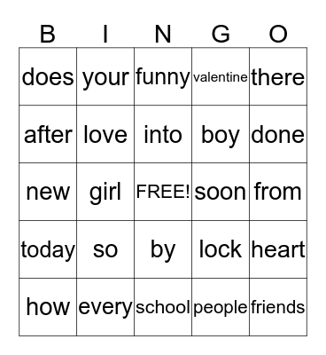 Mrs. Valentine's  Bingo Card