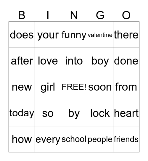 Mrs. Valentine's  Bingo Card