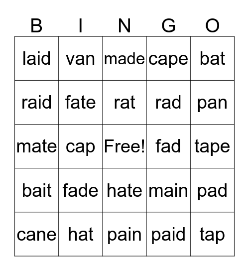 Short A and Long A (ai, a_e) Bingo Card