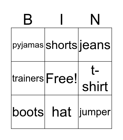 Clothes Bingo Card