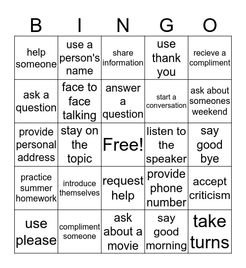 Communication Bingo Card