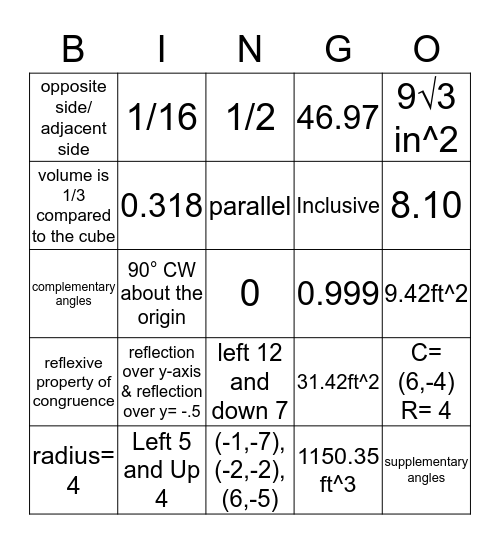 Geometry BINGO Card