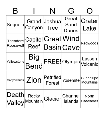 National Parks of the West Bingo Card