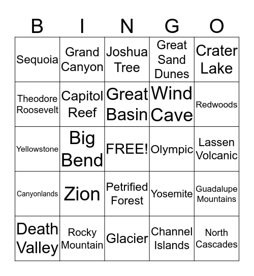 National Parks of the West Bingo Card