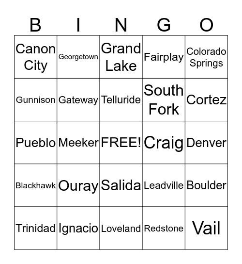 Colorado Vacation Destinations Bingo Card