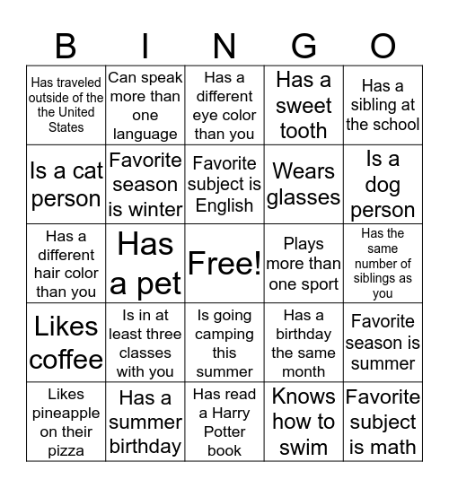 End of the Year Bingo Card