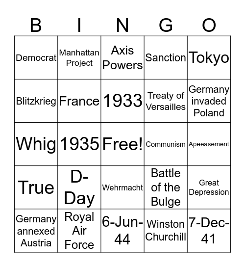 Glossary and Terms Bingo Card