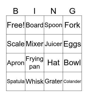 Cooking Tools Bingo Card