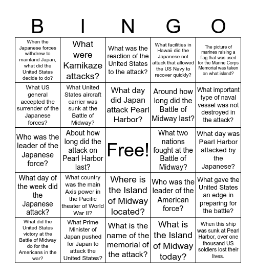 Pacific Bingo Questions Bingo Card