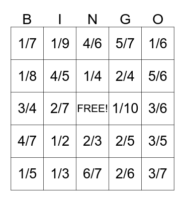 Fraction Bingo Card