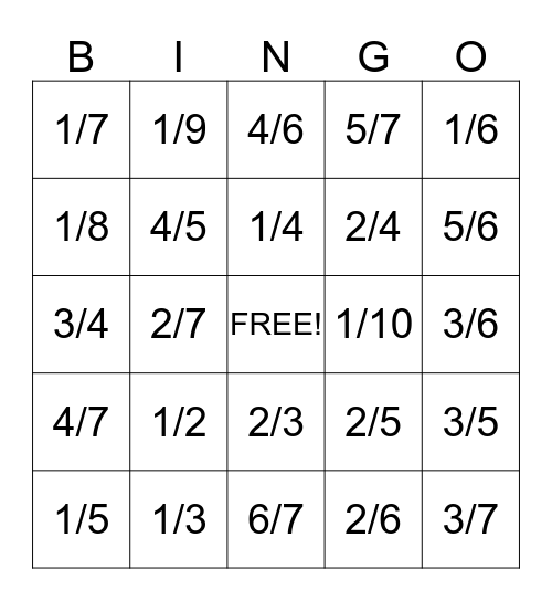 Fraction Bingo Card