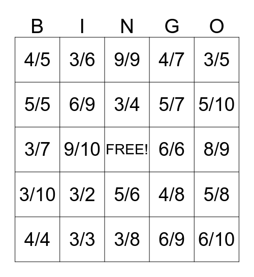 Fraction Bingo Card