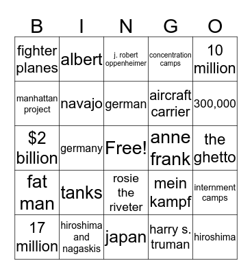 test #9 Bingo Card