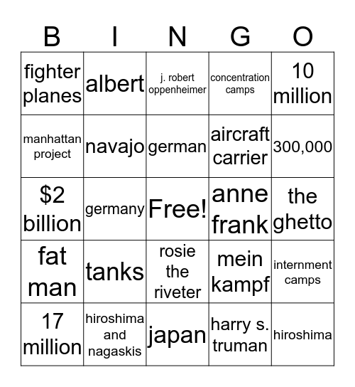 test #9 Bingo Card