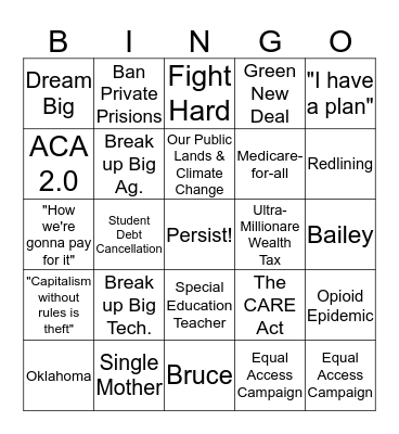 Elizabeth Warren Bingo Card