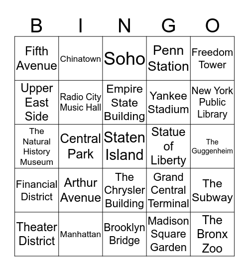 New York, New York Bingo Card