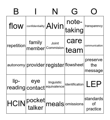 Language Services Bingo Card