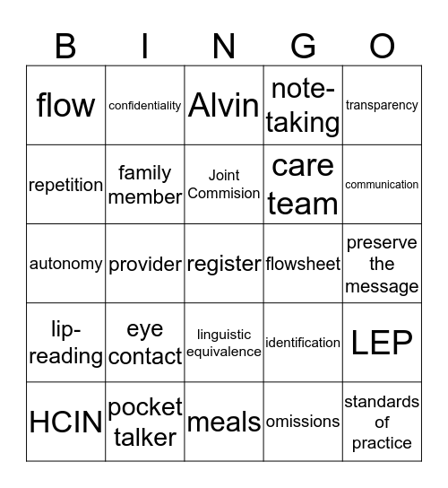 Language Services Bingo Card