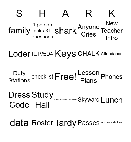 Faculty Meeting SHARK-O Bingo Card