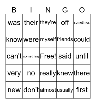 High Frequency Words Bingo Card