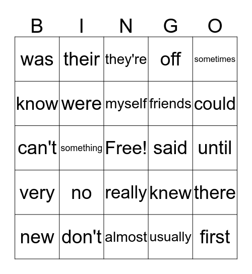High Frequency Words Bingo Card