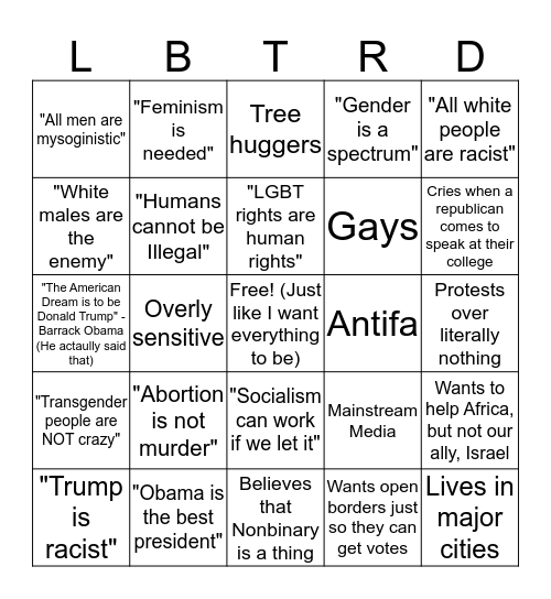 Uneducated Liberal Bingo Card
