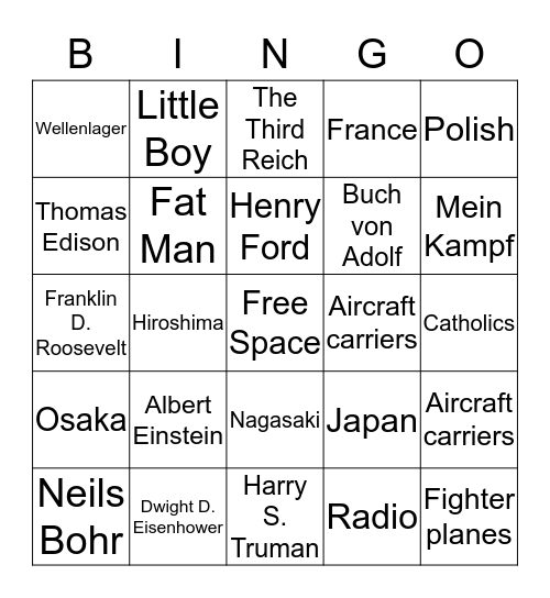 WW2 Technology, Atomic Bomb, Holocaust  Bingo Card
