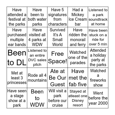 Disney Parks Bingo Card