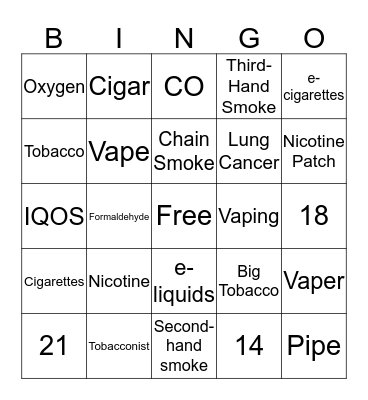 Tobacco Bingo Card