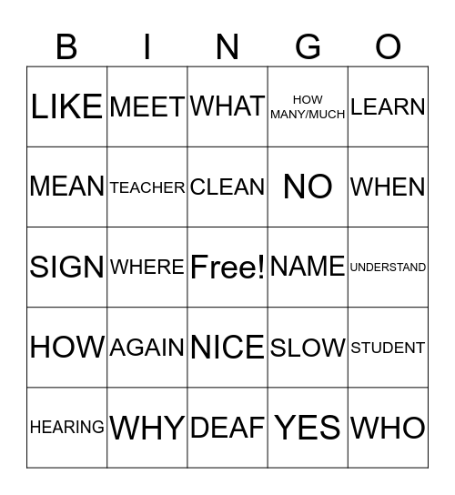 Lesson 1  Bingo Card