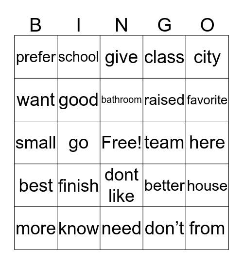 Lesson 3  Bingo Card
