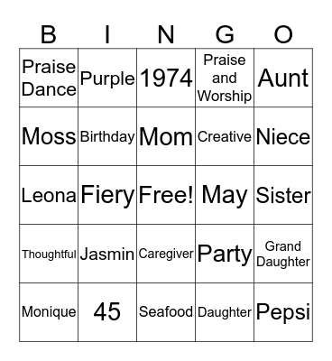 Monique's Birthday   Bingo Card