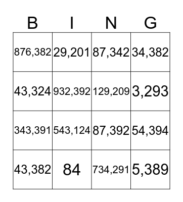 Place Value Bingo Card