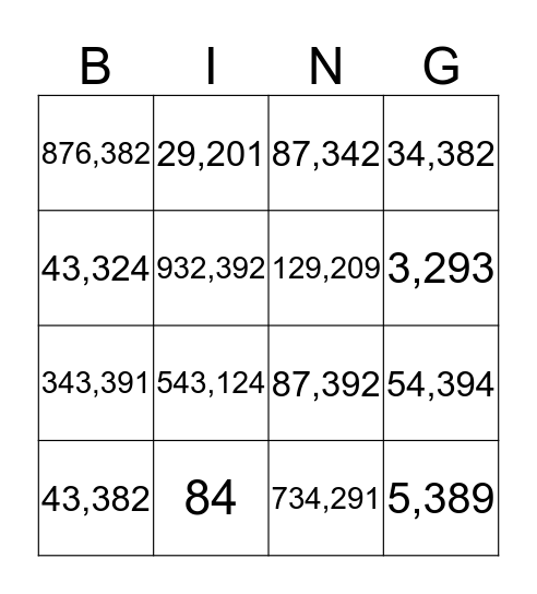 Place Value Bingo Card