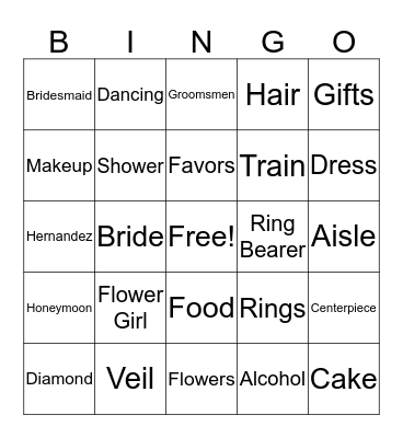 Jessica's Bridal Shower Bingo Card