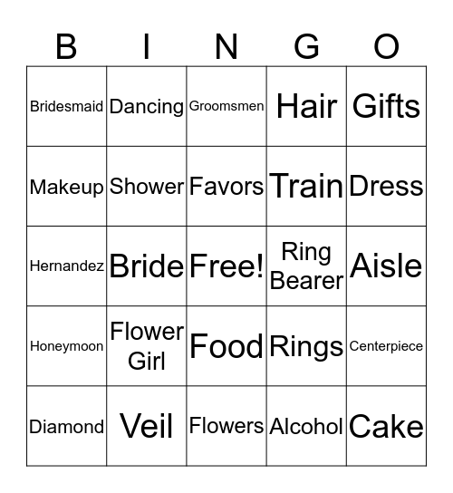 Jessica's Bridal Shower Bingo Card