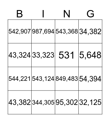 Place Value Bingo Card