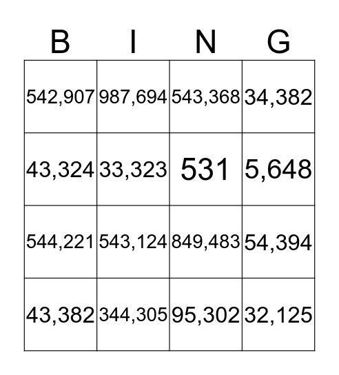 Place Value Bingo Card