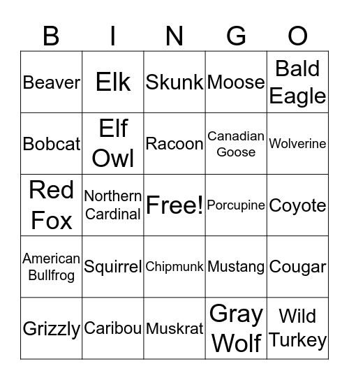 Woodland Creature Bingo Card