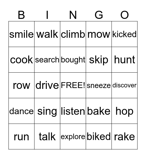 Action Verb Bingo Card