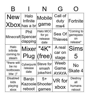 E3 2019 Microsoft Bingo Card