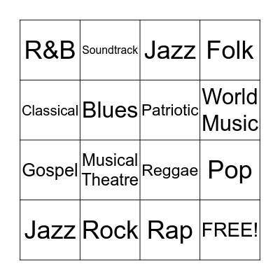 Genres of Music Bingo Card