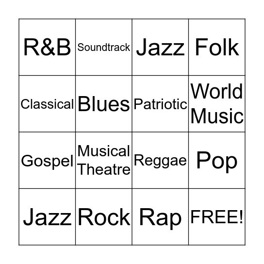 Genres of Music Bingo Card