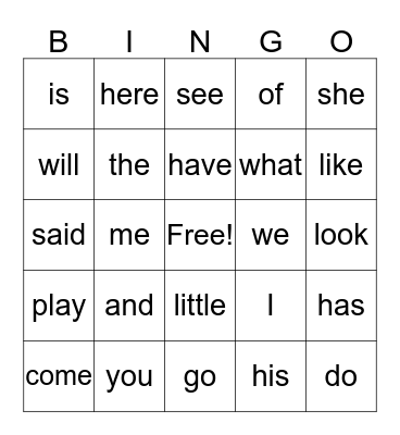 Sight Words Bingo Card