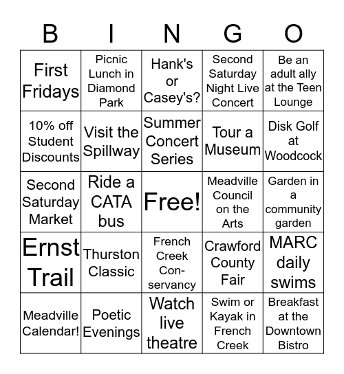 Meadville Summer  Bingo Card