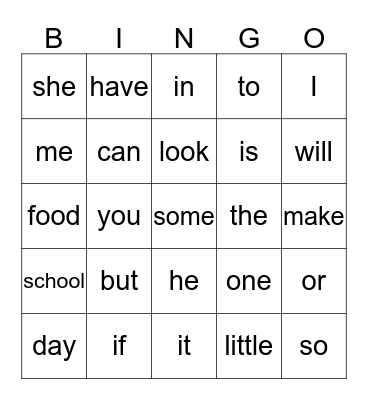 Sight Word Bingo Card