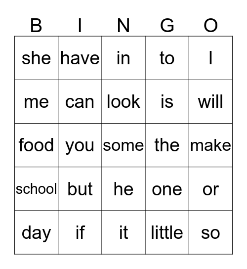 Sight Word Bingo Card