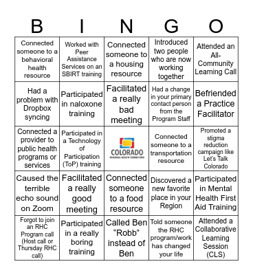 Regional Health Connectors BINGO Card