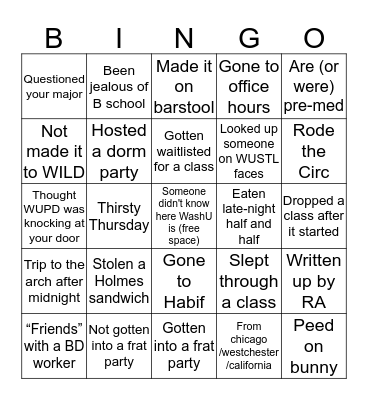 WashU Bingo Card